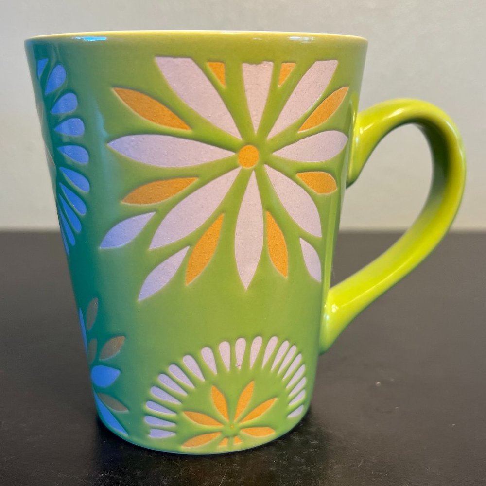 BAUM Retro Neon Lime Green Ceramic Coffee CupMug Incised Fun Funky Boho Flowers